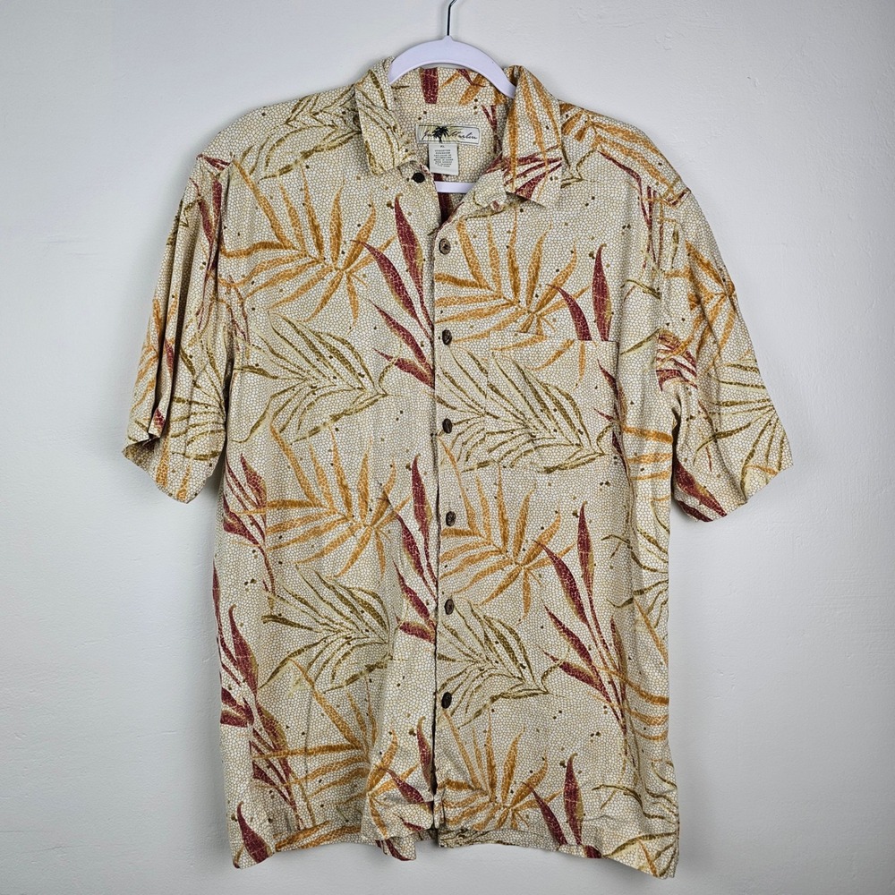 Joe Marlin Shirt Mens XL Tan Tropical Palm Leaf Button Up Short Sleeve 459
